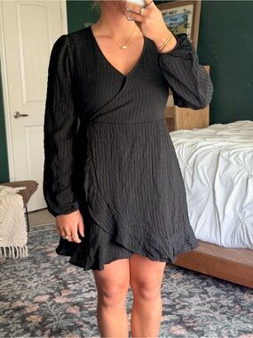 Textured Black Long-Sleeve Wrap Mini Dress